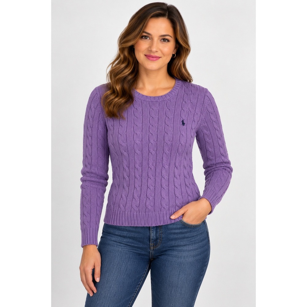 Ralph Lauren Purple Cable Knit Cotton Crewneck Sweater Womens Medium Pony Logo